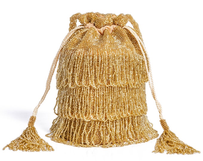 Vintage Inspired Tassel Bucket Pouch clutch purse bag Gold Wedding Bridal Bridesmaids Embellished 20s Great Gatsby Flapper Art Deco