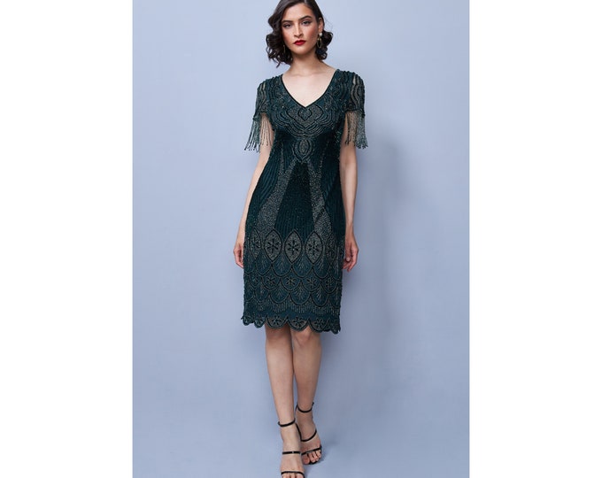 Size US14 UK18 AUS18 EU46 Marta Green with Fringe Sleeves 1920s Inspired Flapper Great Gatsby Art Deco Bridesmaid Wedding Guest Dress