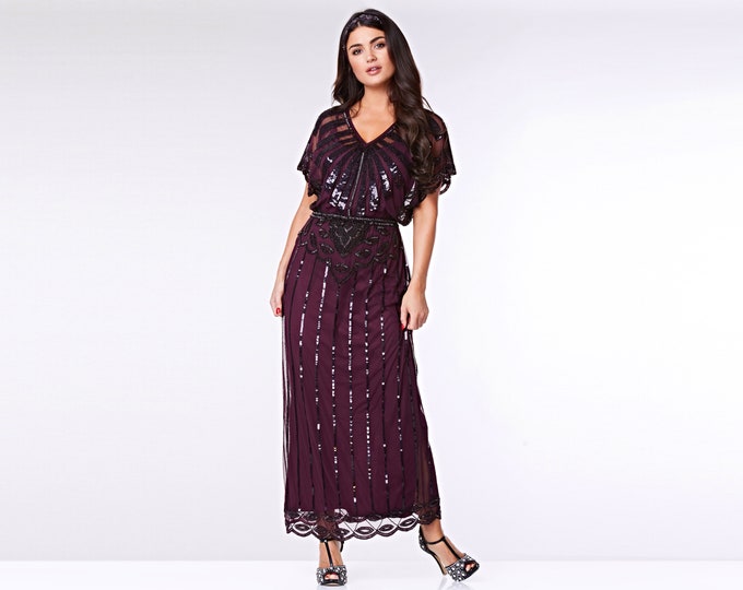 Plum Angel Sleeve Prom Maxi Dress 20s Flapper Great Gatsby Charleston Mother of the Bride Speakeasy Art Deco Bridesmaids Wedding