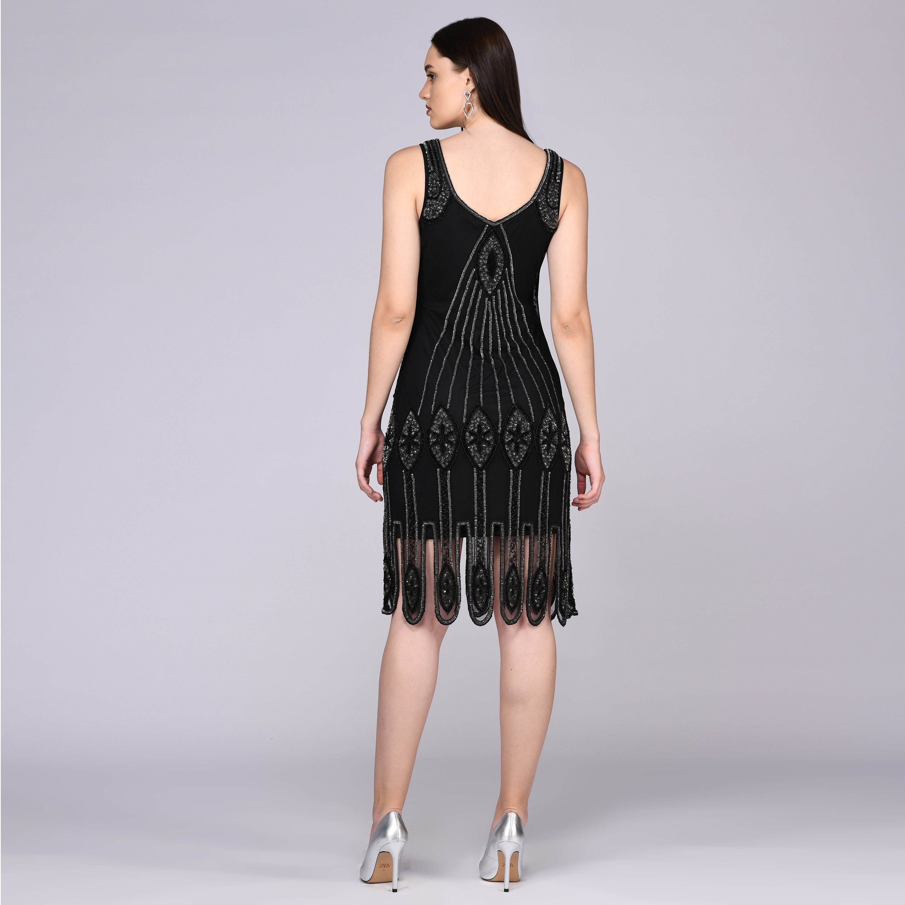 black and silver flapper dress