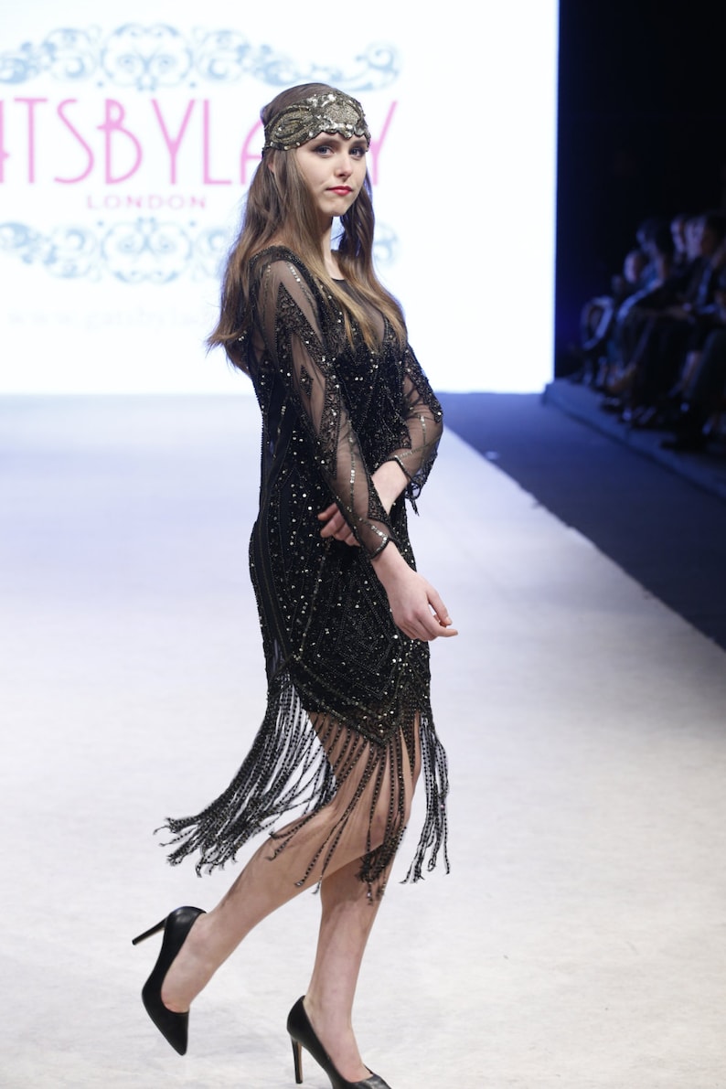 Betty Black Gold Fringe Dress With Sleeves With Slip 20s Etsy UK