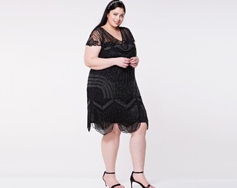 Plus size Beatrice Black Flapper Dress Slip Inclusief jaren '20 Vintage geïnspireerd Great Gatsby Art Deco Charleston Downton Abbey Bruidsmeisje Bruiloft