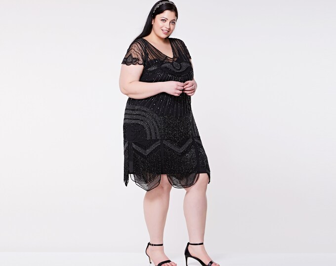 Plus size Beatrice Black Flapper Dress Slip Included 20s Vintage inspired Great Gatsby Art Deco Charleston Downton Abbey Bridesmaid Wedding