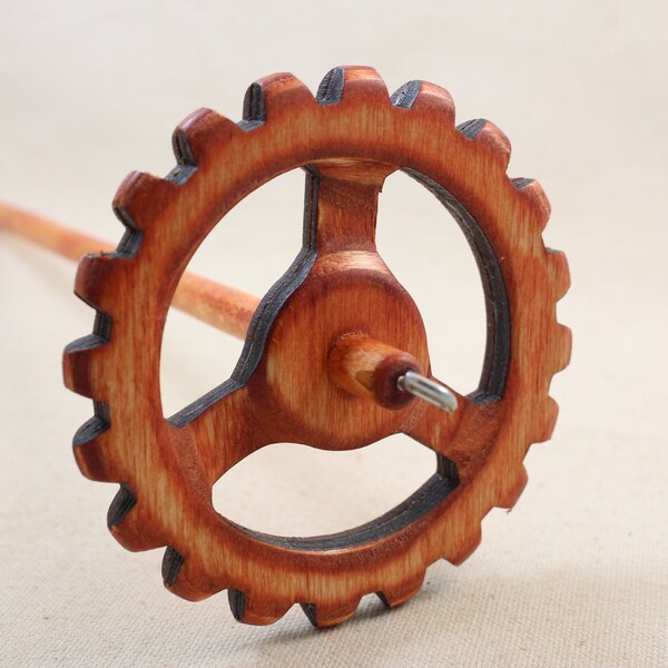 Gunstock Classic Steampunk Gear Top Whorl Drop Spindle 10" shaft
