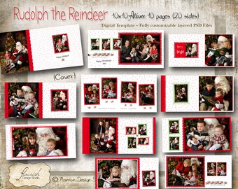 10x10 Layflat Christmas Holiday Album template for photographers - Rudolph the Reindeer Album