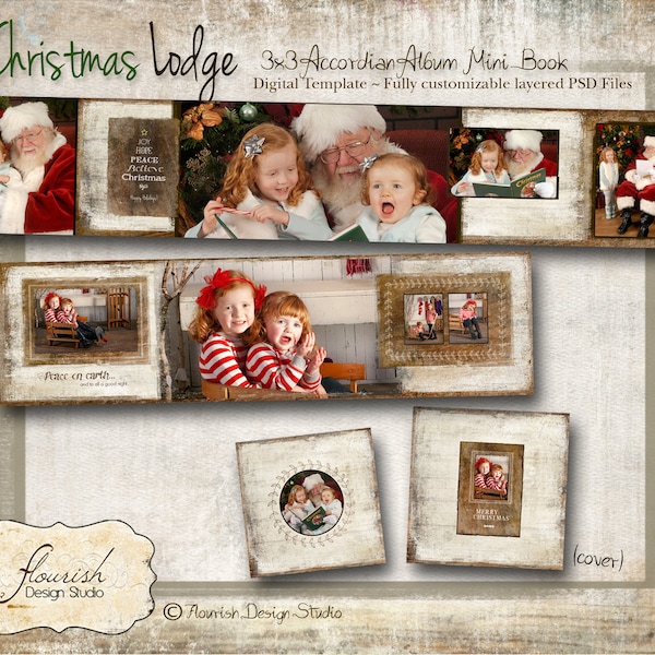 3x3 Accordion Christmas Album template for photographers - Christmas Lodge Accordion Album
