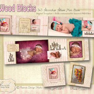 May include: A digital template for a 3x3 accordion album mini book. The template features a pink and white color scheme with a wood block background. The template is fully customizable and includes layered PSD files. The text "Wood Blocks" is at the top of the image. The text "3x3 Accordion Album Mini Book" is below the text "Wood Blocks". The text "Digital Template - Fully customizable layered PSD files" is below the text "3x3 Accordion Album Mini Book". The text "Sweet dreams, precious one, may they all come true, one by one" is in the middle of the image. The text "Zoo Abigail" is on the front cover of the album. The text "Flourish Design Studio" is at the bottom of the image. The text "Flourish Design Studio" is at the bottom of the image.