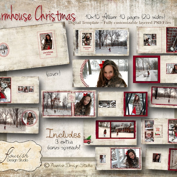 10x10 Layflat Christmas Holiday Album template for photographers - Farmhouse Christmas Album