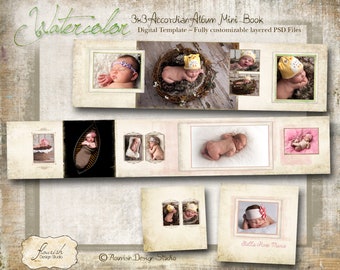 3x3 Accordion Album template for photographers - Watercolor Accordion Album