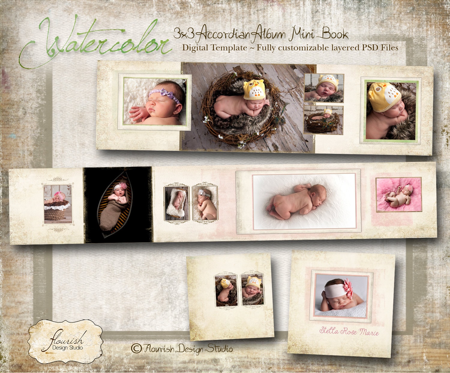 3x3 Accordion Album Template for Photographers - Watercolor Accordion ...