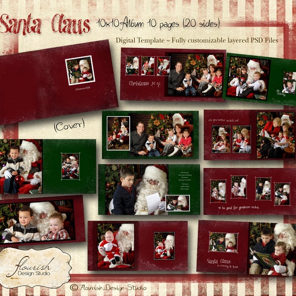 10x10 Layflat Christmas Holiday Album template for photographers - Santa Claus Album