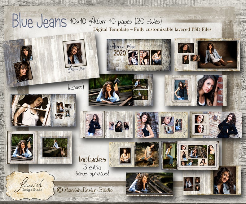 10x10 Album Template for Photographers Blue Jeans Senior Album Etsy