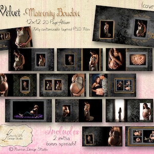 May include: A 20-page 12x12 inch maternity boudoir album template with a black and gold design. The album includes 2 extra bonus spreads. The cover features a black and gold floral design with the text "Velvet - Maternity Boudoir" and "Waiting for Mia".