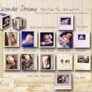May include: Digital template for creating photo cubes. The template includes two sizes: 8x8 inches and 4x4 inches. The template is fully customizable and includes layered PSD files. The image shows a baby in various poses on a lavender background.