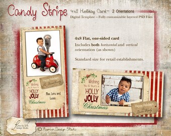 INSTANT DOWNLOAD - 4x8 Christmas Card Photoshop Slimline template combination - Candy Stripe
