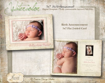 5x7 Baby Birth Announcement Card Photoshop template - Watercolor Announcement