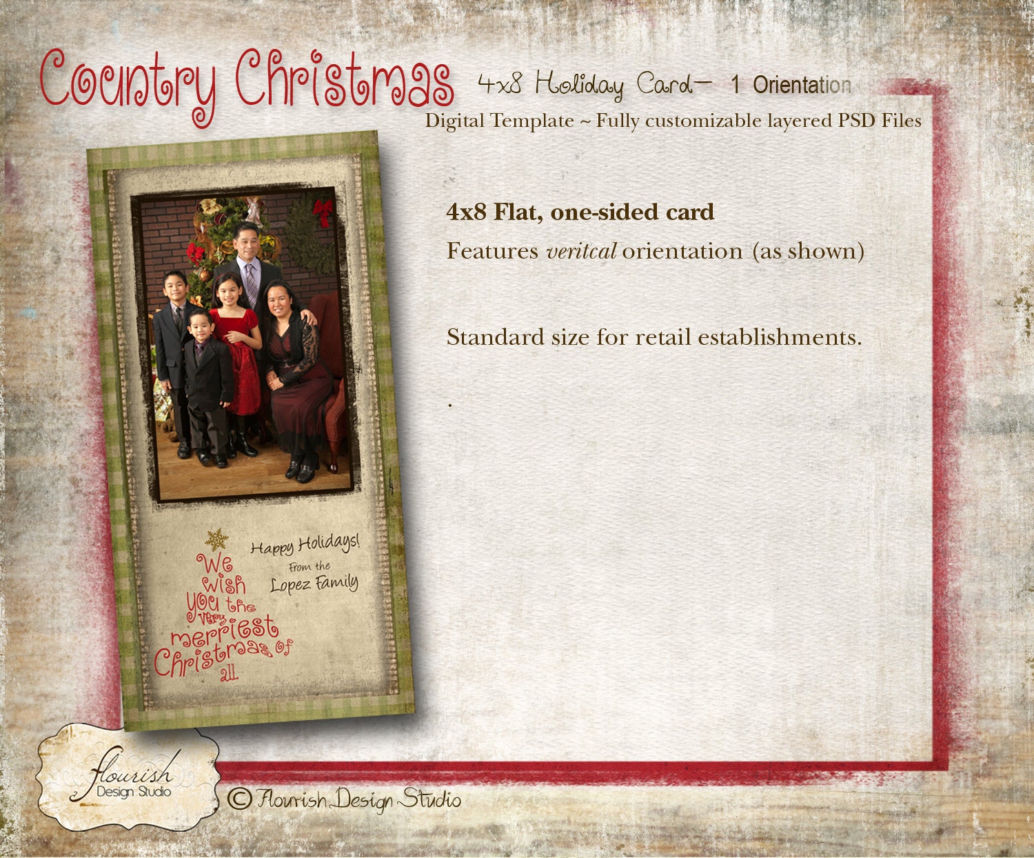 INSTANT DOWNLOAD - 4x8 Seasons Greeting Card Slimline Photoshop template - Country Christmas