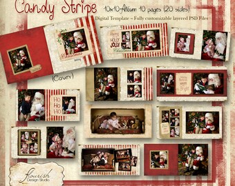 10x10 Layflat Christmas Holiday Album template for photographers - Candy Stripe Album