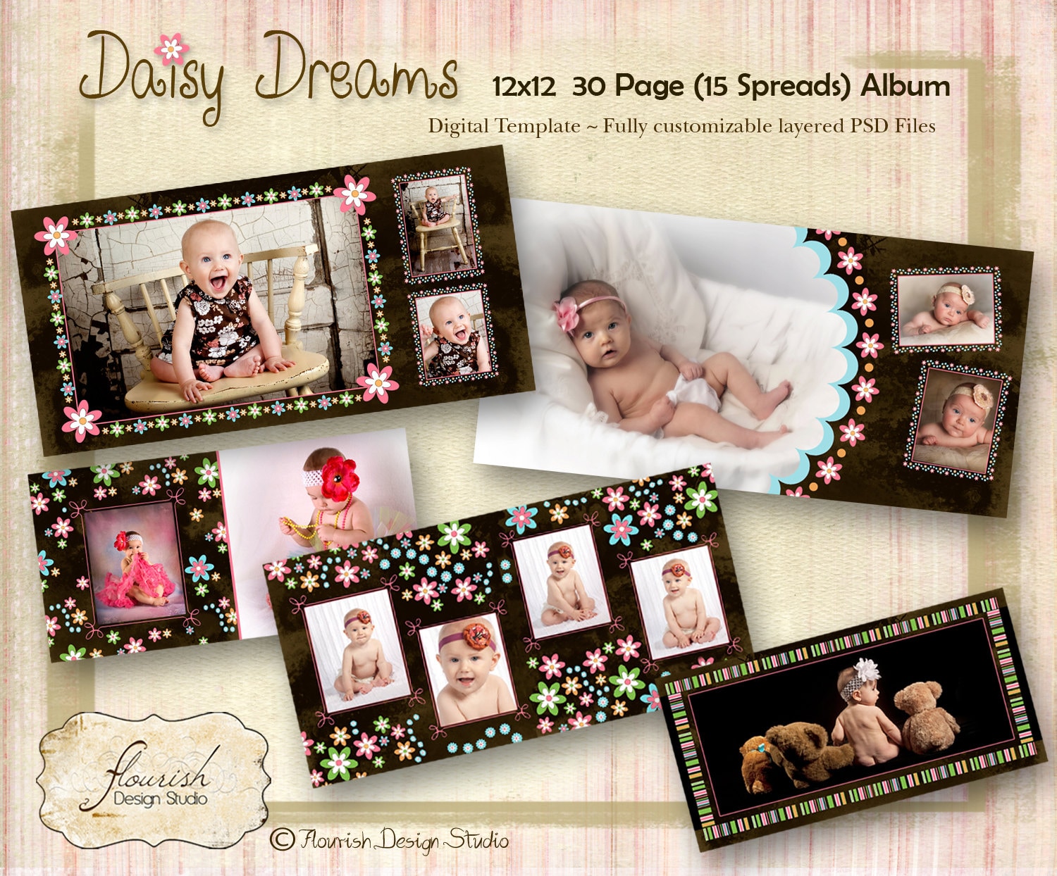 12x12 Baby First Year Birthday Album Template for Photographers Daisy