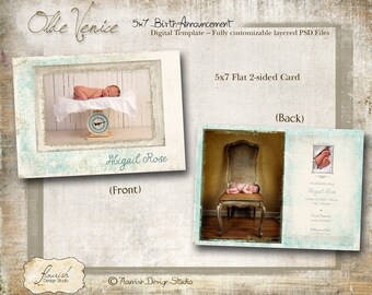 5x7 Baby Birth Announcement Card Photoshop template - Olde Venice
