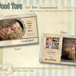INSTANT DOWNLOAD - 5x7 Baby geboortekaartje Photoshop-sjabloon - Houten speelgoed