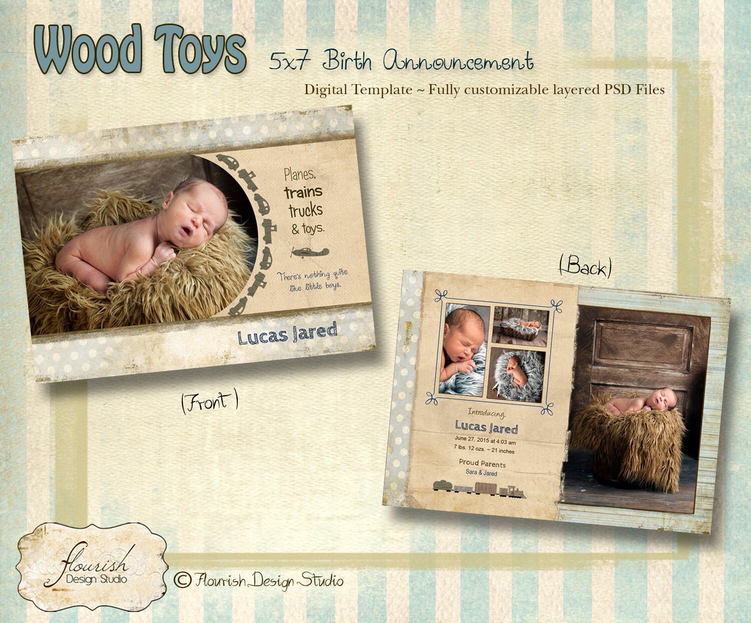 SOFORTIGER DOWNLOAD - 5x7 Baby Geburtsanzeige Karte Photoshop Vorlage - Holzspielzeug