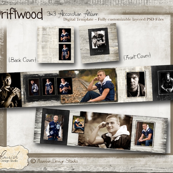 3x3 Accordion Album template for photographers - Driftwood Senior Accordion Album