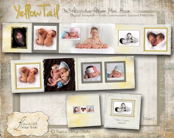 Instant Download 3x3 Accordion Album template for photographers - Yellow Tail Accordion Album