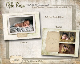 5x7 Baby Birth Announcement Card Photoshop template - Olde Rose Baby Birth Announcement