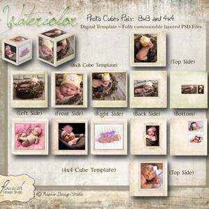 Photo Cube templates for photographers - Watercolor (8x8 & 4x4 inch cubes)