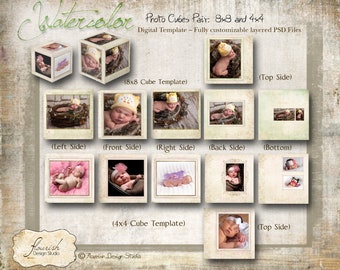 Photo Cube templates for photographers - Watercolor (8x8 & 4x4 inch cubes)