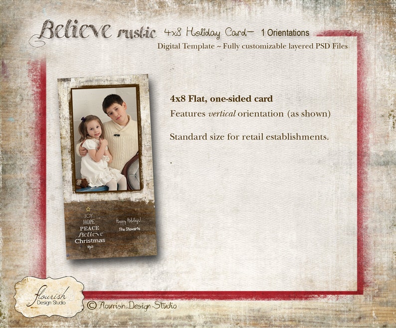 4x8 Christmas Card Photoshop Slimline template INSTANT DOWNLOAD Believe Rustic