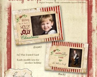 INSTANT DOWNLOAD - 5x7 Christmas Card Photoshop template - Candy Stripe