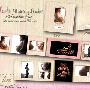 May include: A pink and white striped background with a 3x3 accordion album titled "Blush - Maternity Boudoir". The album is fully customizable with layered PSD files. The cover features a photo of a pregnant woman with the text "Lilia" below it. The back of the album is blank with the text "Your Studio" and "(Back)" below it.