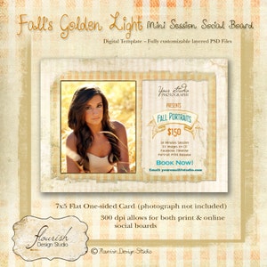May include: A social media post template for a photography studio offering fall portrait sessions. The template features a photo of a young woman in a field, a price of $150, and the text "Fall Portraits".