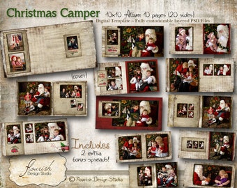 10x10 Layflat Christmas Holiday Album template for photographers - Christmas Camper Album