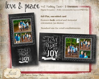 INSTANT DOWNLOAD - 4x8 Chalkboard Christmas Card Slimline Photoshop template combination - Love & Peace
