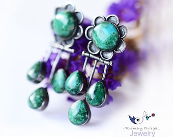 Flower Earrings - Turquoise Flower Earrings, Green Turquoise Flower Earrings Set in Burn Black Silver 950, Gift for Her, Botany Earrings.