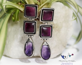 Amethyst Silver Earring with Purple Spondylus Set in Silver 950 Square Purple Amethyst Earrings with Silver February Birthstone Gift for Her