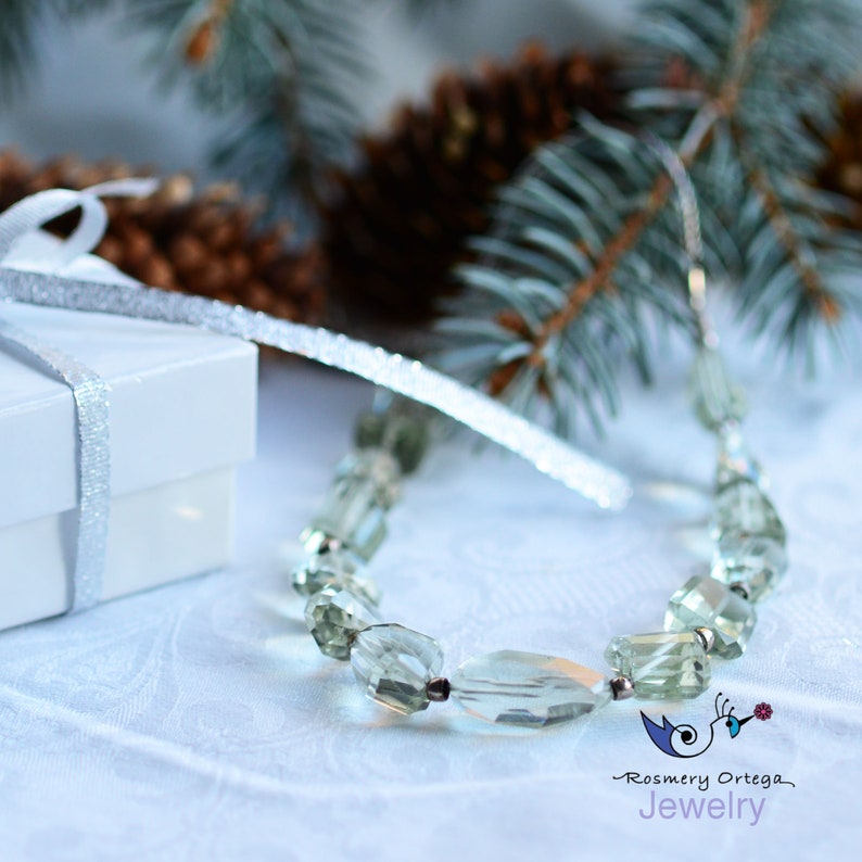 Necklace Green Natural Amethyst Quartz Necklace Silver 950 Braided Chain Handmade August Birthstone Heart Chakra Necklace Green Quartz image 6