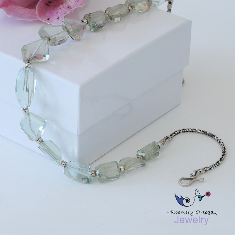 Necklace Green Natural Amethyst Quartz Necklace Silver 950 Braided Chain Handmade August Birthstone Heart Chakra Necklace Green Quartz image 7
