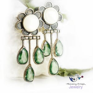 Silver Flower Earring Handmade, Mother of Pearl Flower and Green Amethyst Crystals drop Earrings, Artisan Flower  One of a Kind Gift for Her