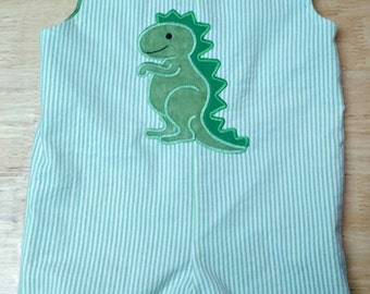 Boys Dinosaur Green and White Seersucker Shortall Jon Jon, Summer Shorts, Boys Summer Romper, Handmade Boys Summer Outfit, Playtime Outfit