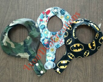 Baby Boy Pacifier Holder Bib 3-pack, Baby Binky Pacifier Holder Bib 3-Pack, Camouflage Batman and Pirate Boy Pacifier Holder Bib 3-Pack