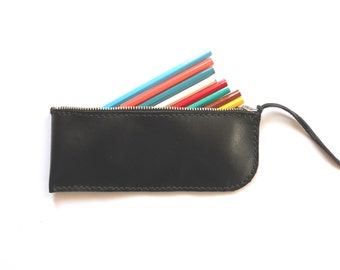 LEATHER CASE / Black leather pencil case / Zipper case