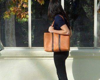 LARGE LEATHER TOTE/ leather light brown tote bag, shoulder bag, carryall. handmade