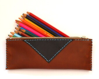 LEATHER PENCIL CASE / Brown leather pencil case / Zipper pencil case