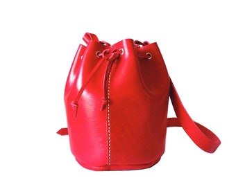 SMALL LEATHER SACKBAG/ leather red tote bag, shoulder bag, carryall. handmade