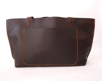 GRAND SAC FOURRE-TOUT EN CUIR/ sac fourre-tout brun foncé en cuir, sac à bandoulière, carryall. Handmade