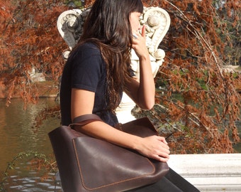 LARGE LEATHER TOTE/ leather dark brown tote bag, shoulder bag, carryall. handmade